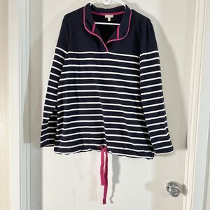 Talbots Navy Blue White Striped Button Neck Sweatshirt Pink Bow L